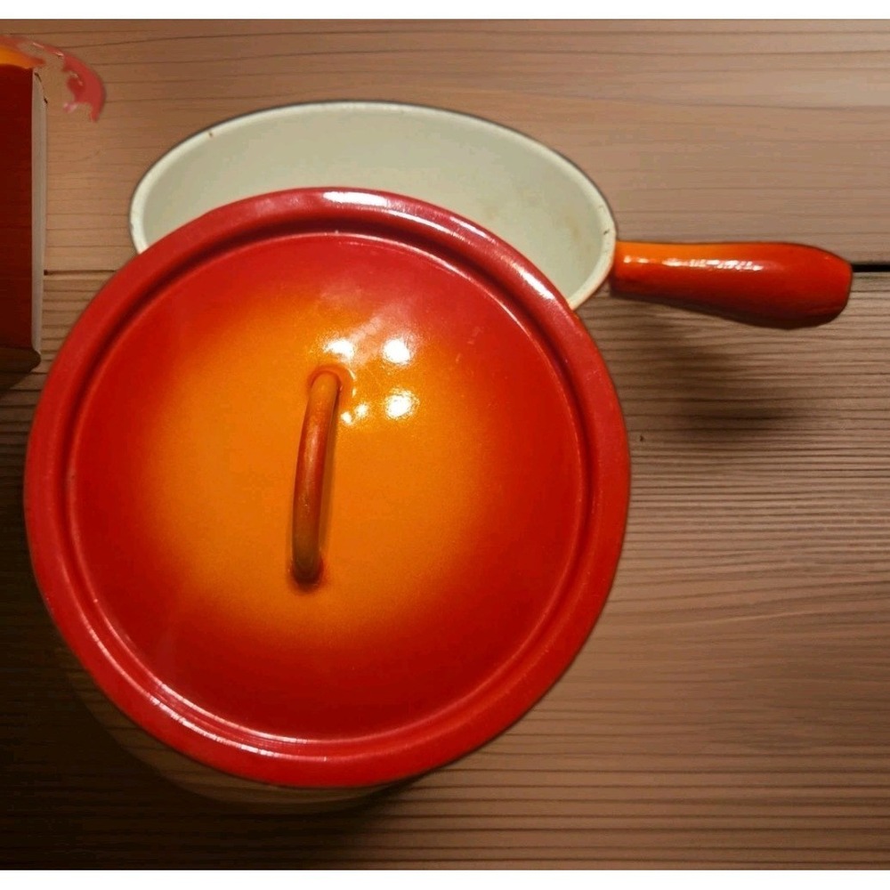 Vintage Descoware Enamel Cast Iron Pot with Lid Flame Orange Belgium SP-218